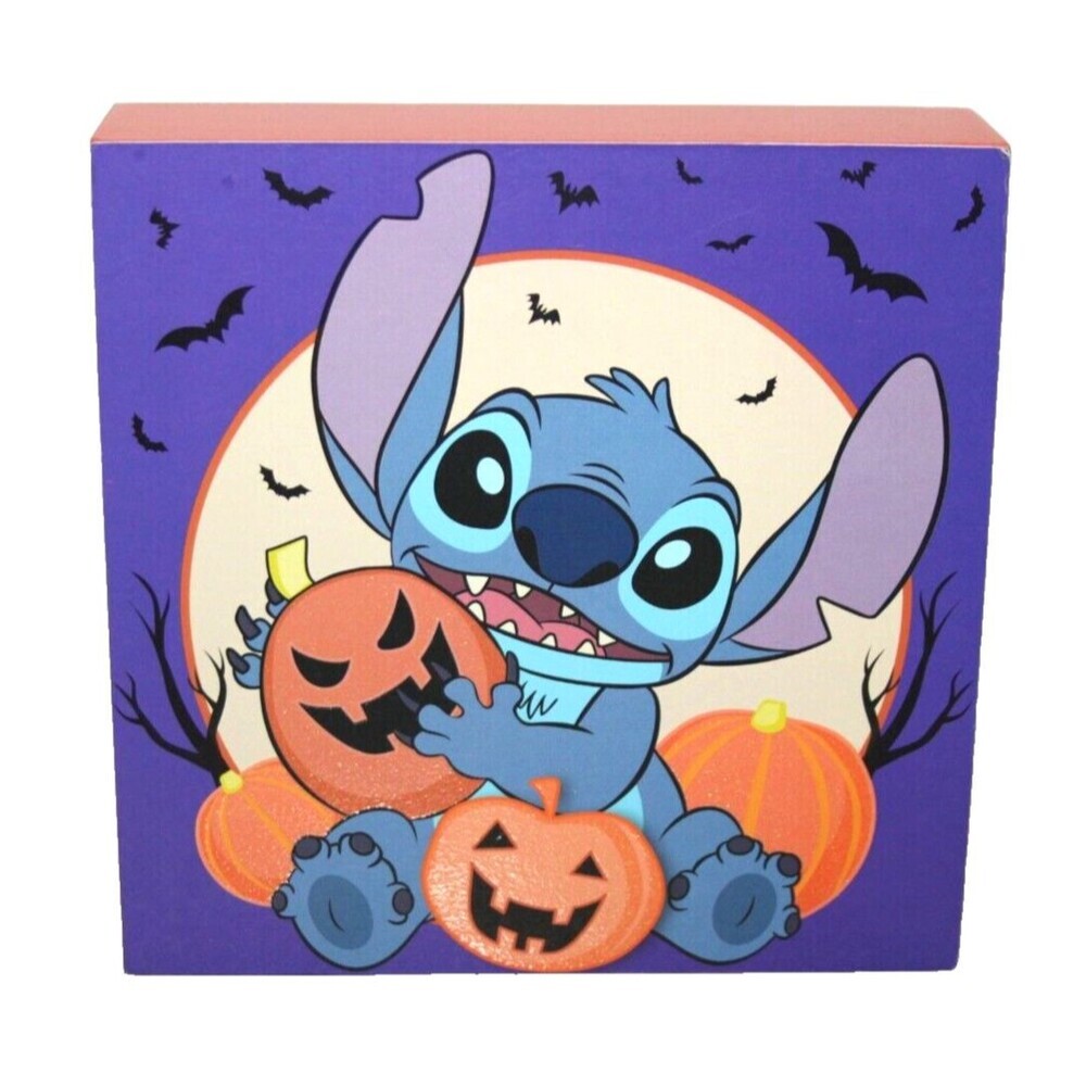 Disney Silver Buffalo Lilo Stitch Pumpkin Trick Treat Glitter Box Wall Sign Art